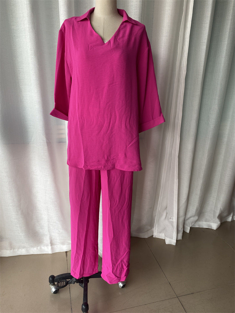 Plus Size Women Loose Top and Slit Wide Leg Pants Two-piece Set 11