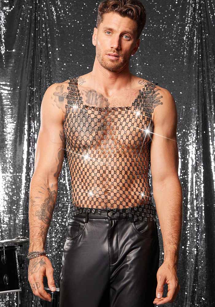 Men Strappy Sparkling Rhinestone See-Through Sexy Rhinestone Fishnet Top