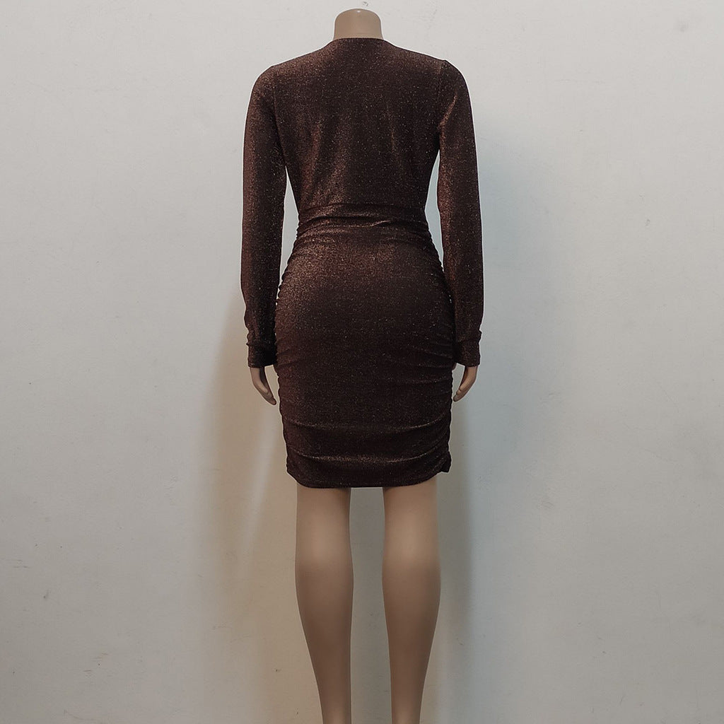 Sexy Fashion Bright Silk V-Neck Women's Long Sleeve Dress 11