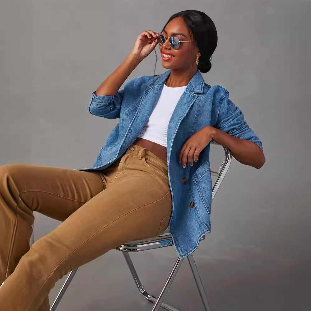 Retro Light Blue Turndown Collar Washed Denim Jacket 5