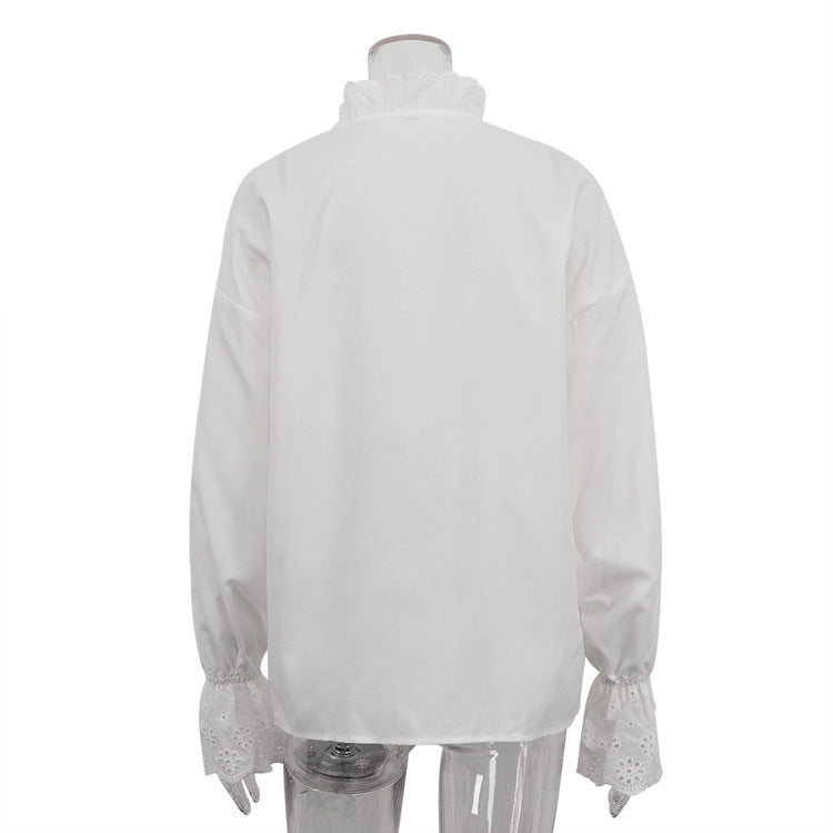 Stand Collar Diamond Button Ruffle Shirt Women Trendy White Shirt Top 6