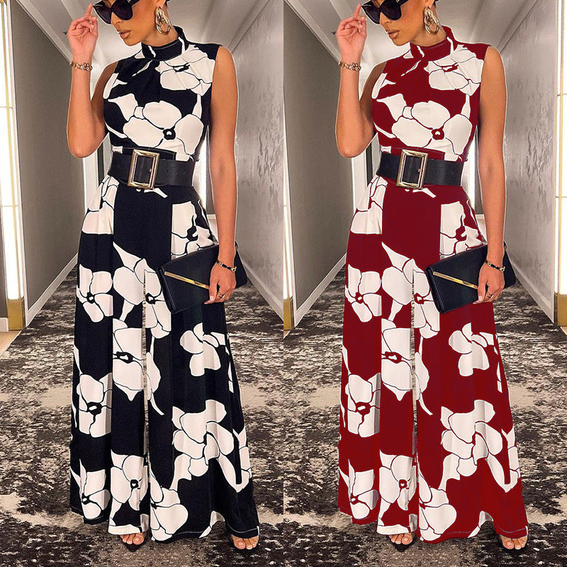 Women Summer Stand Collar Printing Jumpsuit