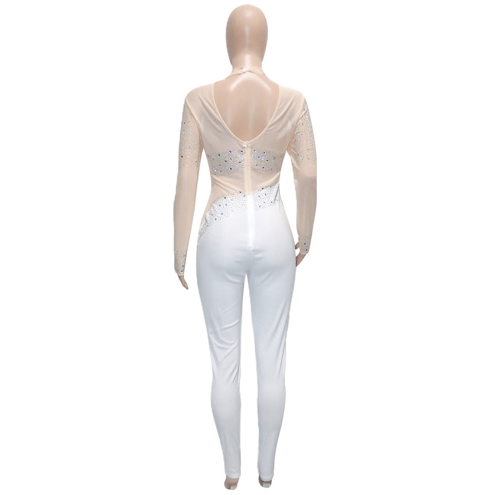 Women Sexy Mesh See-Through Beaded Long Sleeve Jumpsuit 19