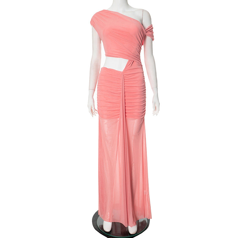 Spring Elegant Solid Color Slash Shoulder Sleeveless Long Dress 9