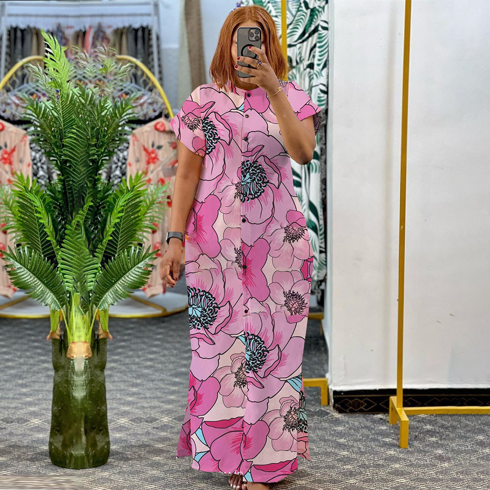 Summer Fashion Printed Short Sleeve Slit Shirt Maxi Dress Plus Size Dress 5