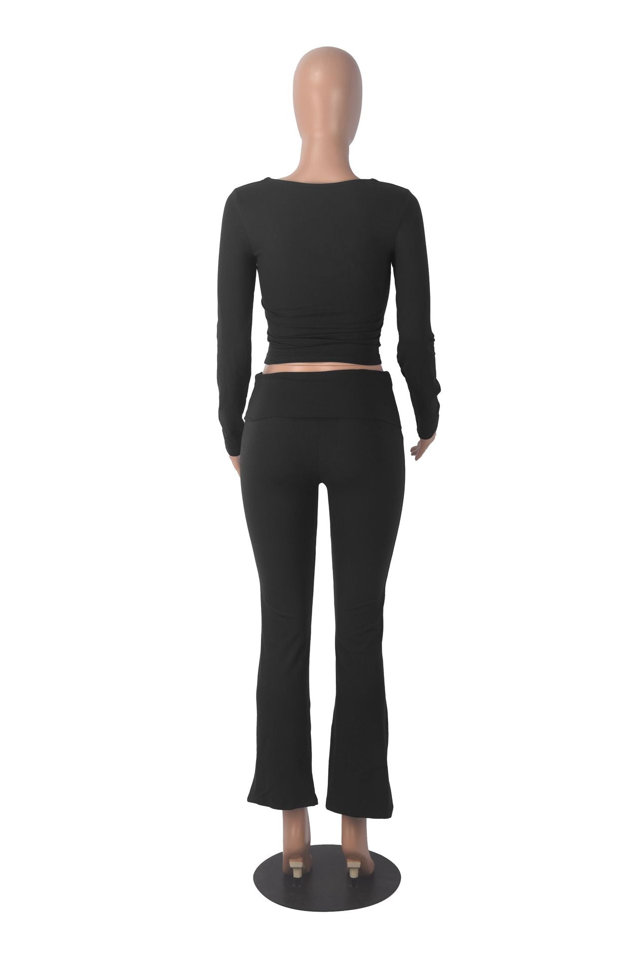 Women solid long sleeve top and bell bottom Pants two-piece suit 7