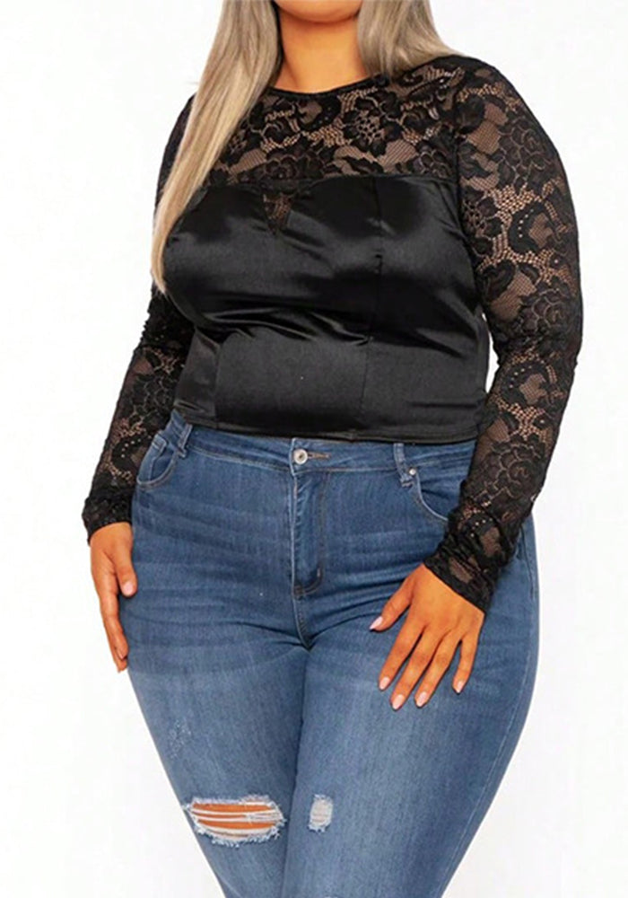 Elegant Lace Patchwork Long Sleeve Slim Top Outdoor Wear