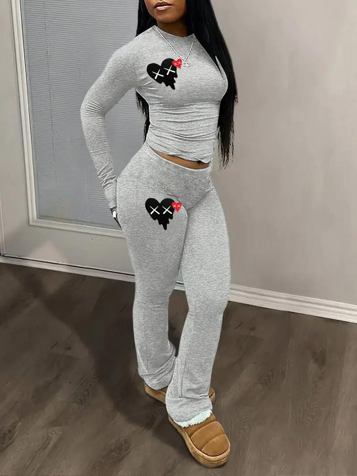 Women's Heart Printed Long Sleeve Round Neck T-Shirt Pants Set 4