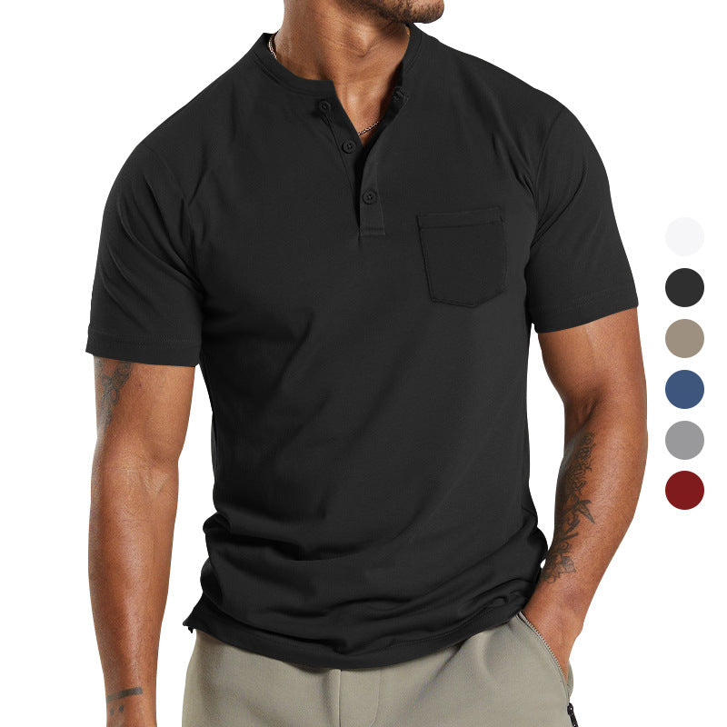Men's Solid Button Stand Collar Short Sleeve T-shirt 4
