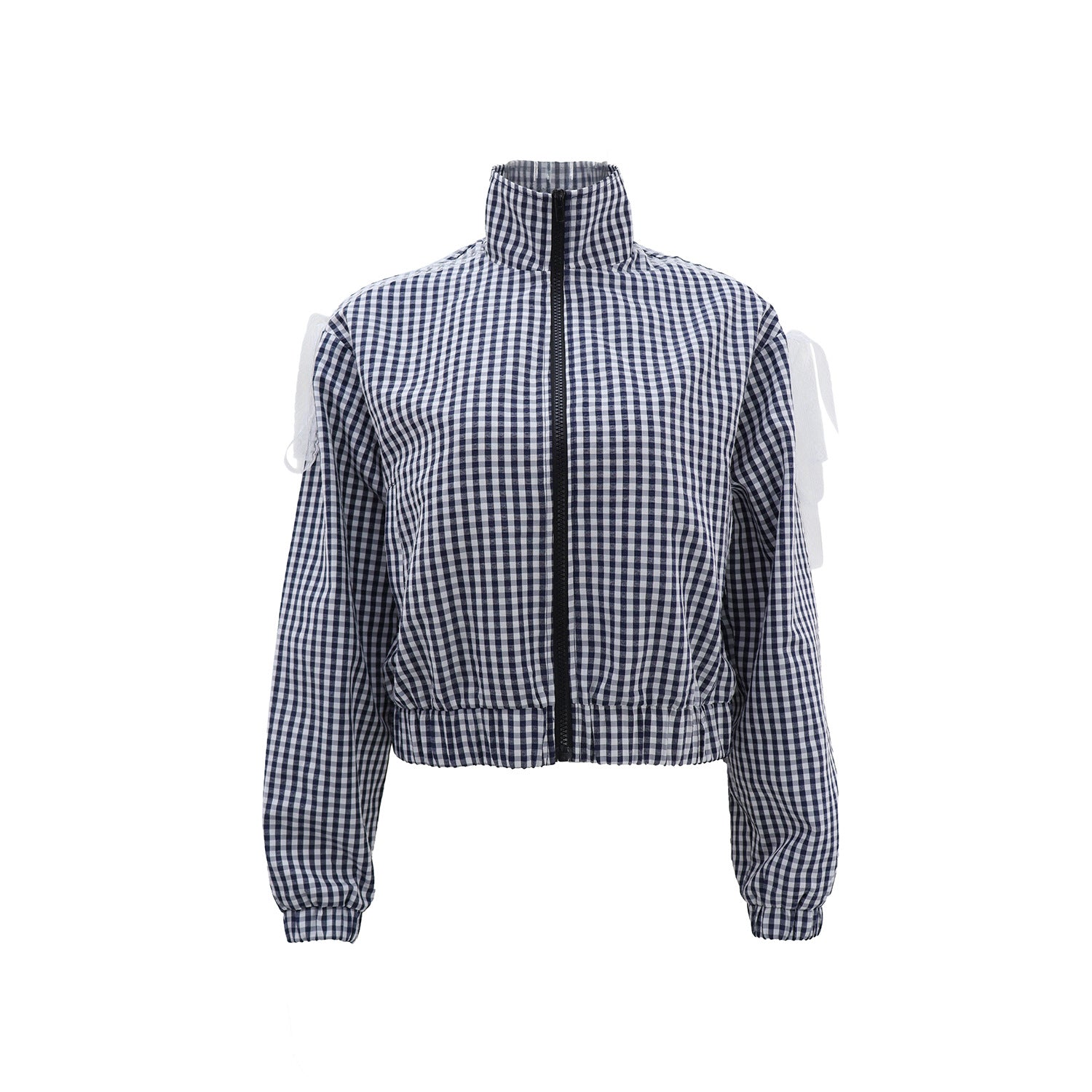 Women fall/winter plaid long-sleeved zippered lace bow jacket 13