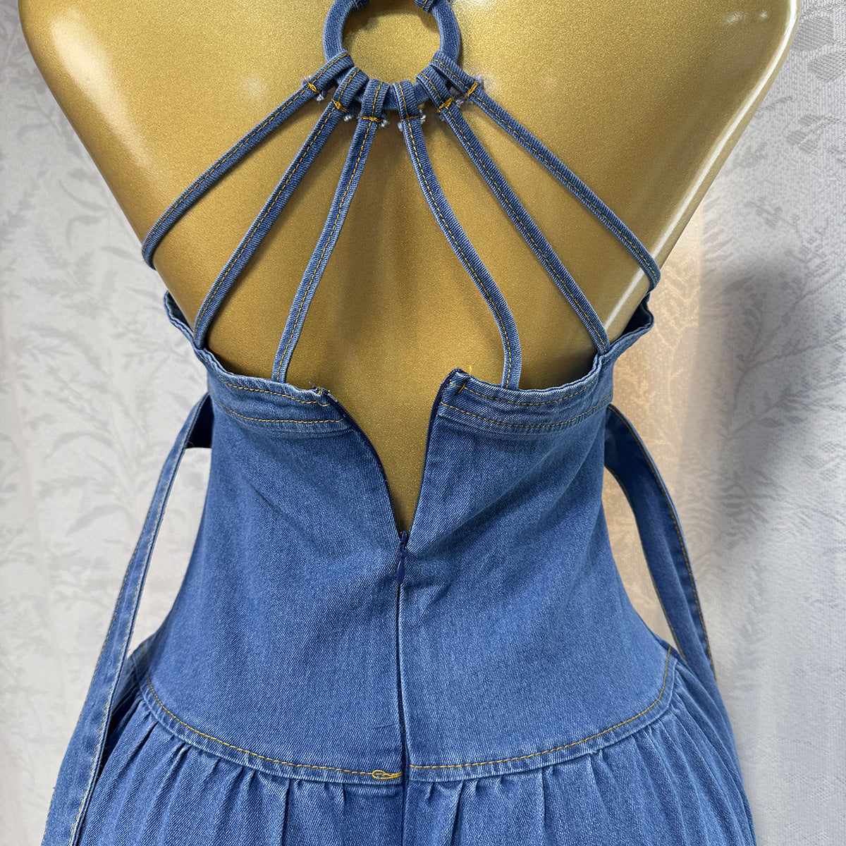 Women's Summer Sexy Fashion V neck Strap Low Back Lace Up Denim Long Dress 14