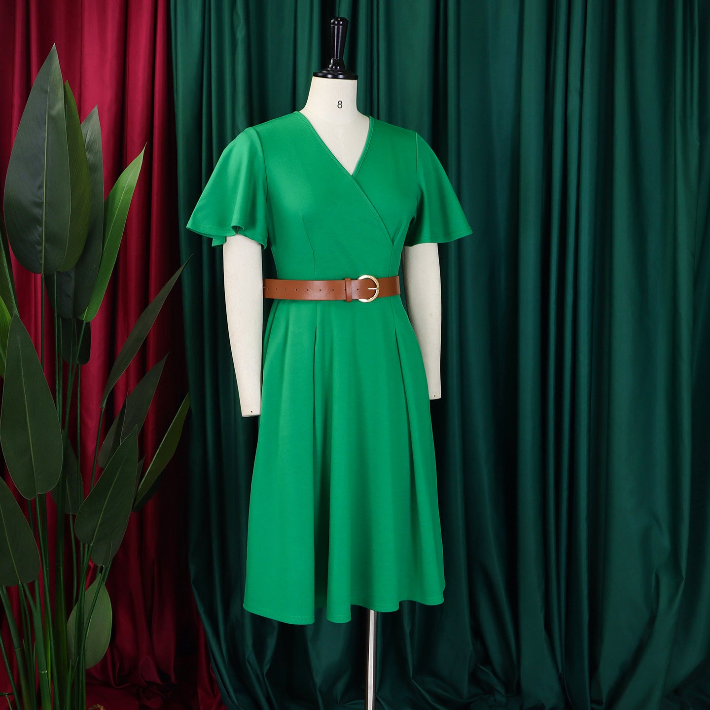 Plus Size Women Elegant Solid V-Neck Bell Bottom Sleeve African Dress 11