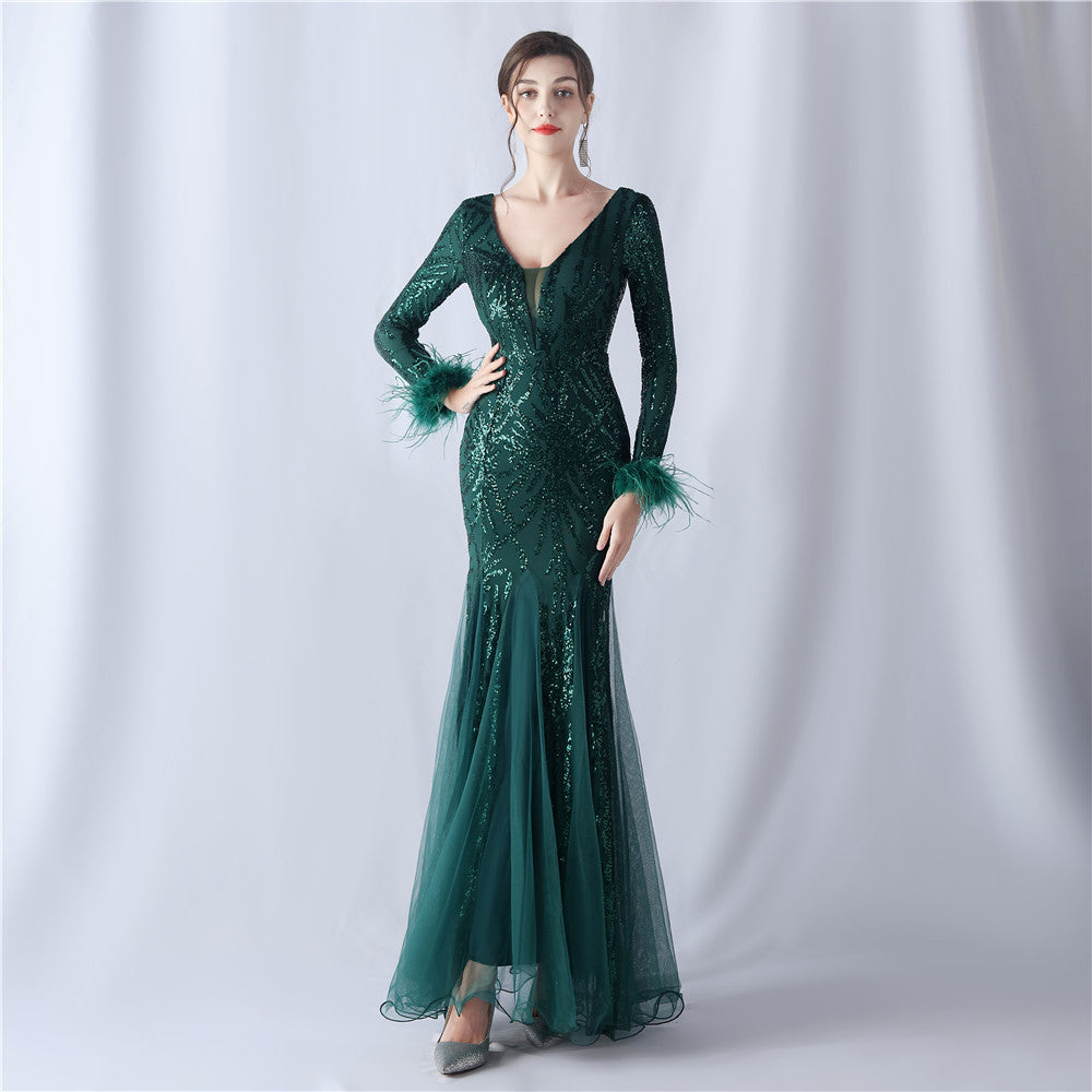 Women ostrich feather mesh sequin evening dress 4