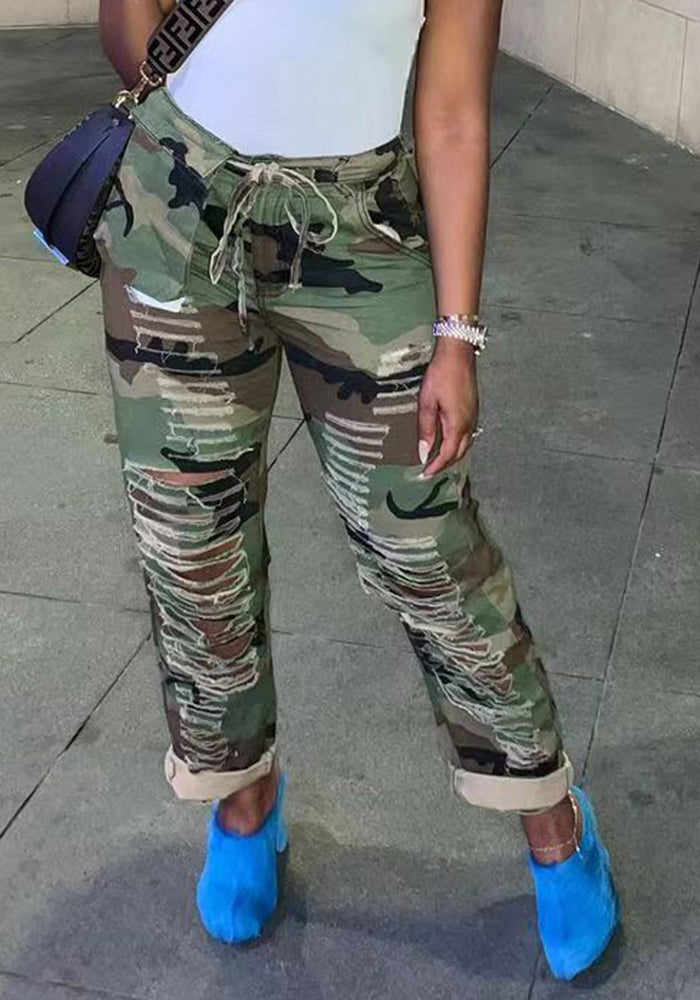 Spring Summer Women's Ripped Hollow Camouflage Long Pants