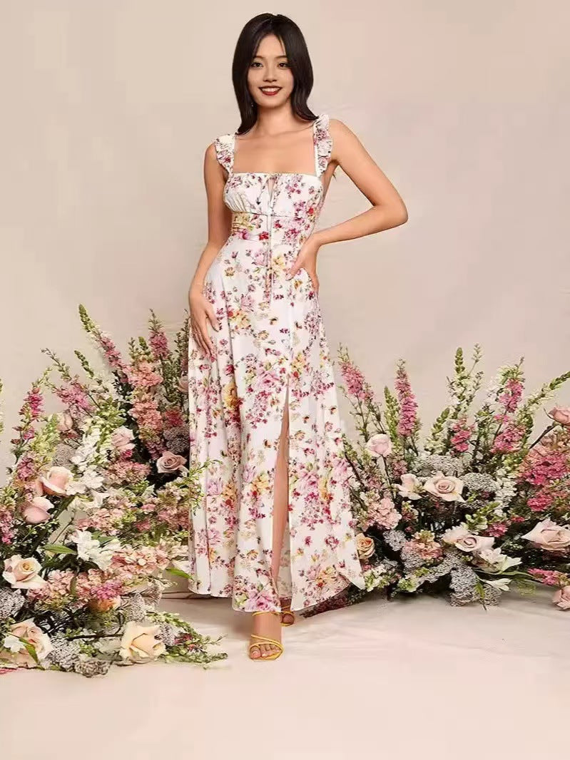 Women Summer Floral Print Square Neck Slit Lace Sexy Dress 3