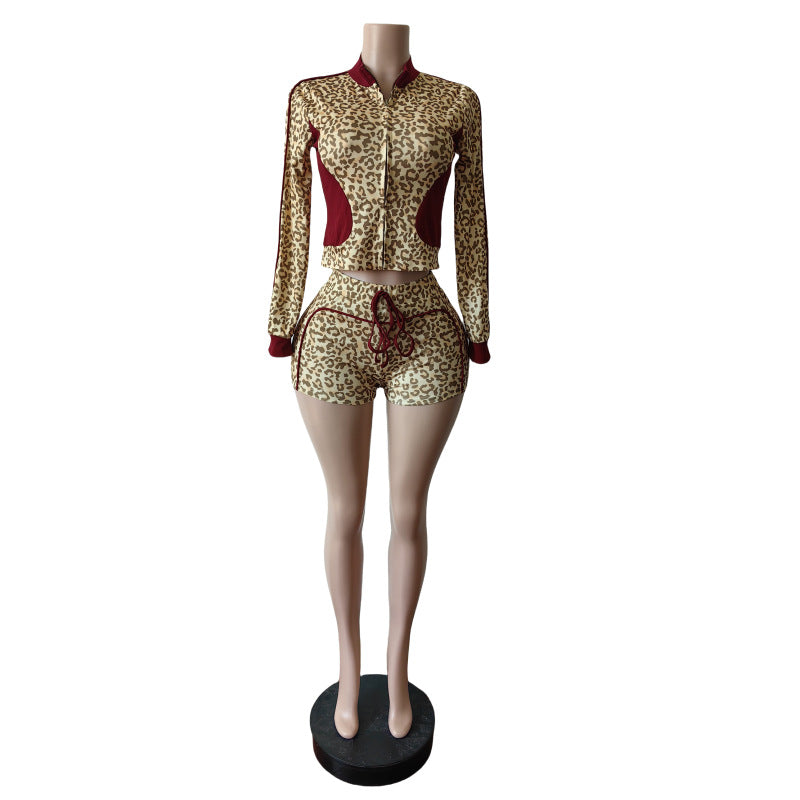 Autumn/Winter Leopard Print Stretch Shorts & Long Sleeve Top Set 5
