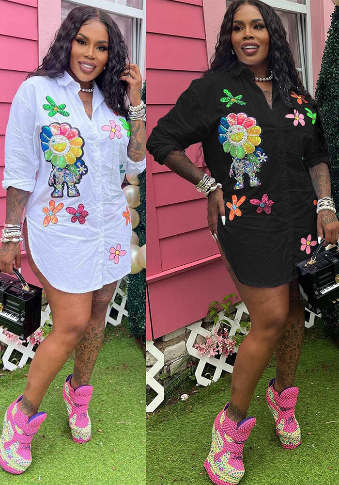 Women Printed Pearl Chain Style Long Sleeve Shirt 4