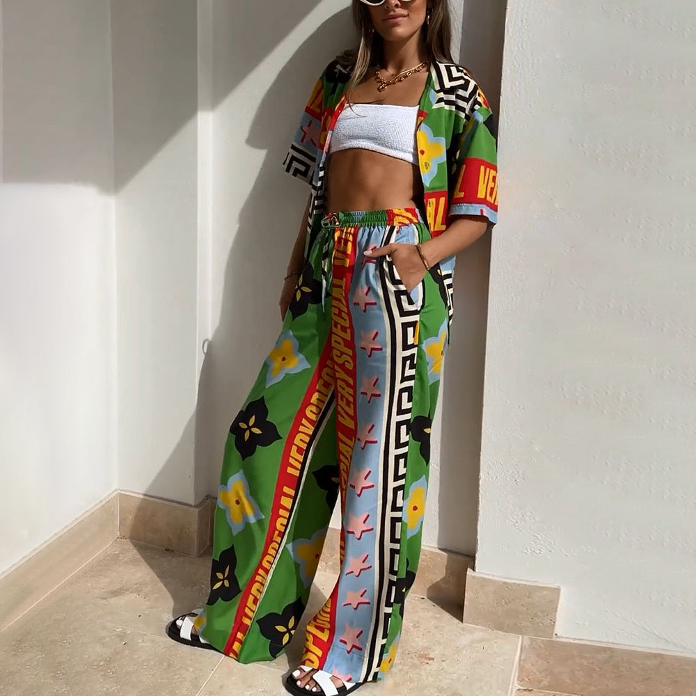 Summer Women Loose Printed Shirt Trousers Two-piece Set 6