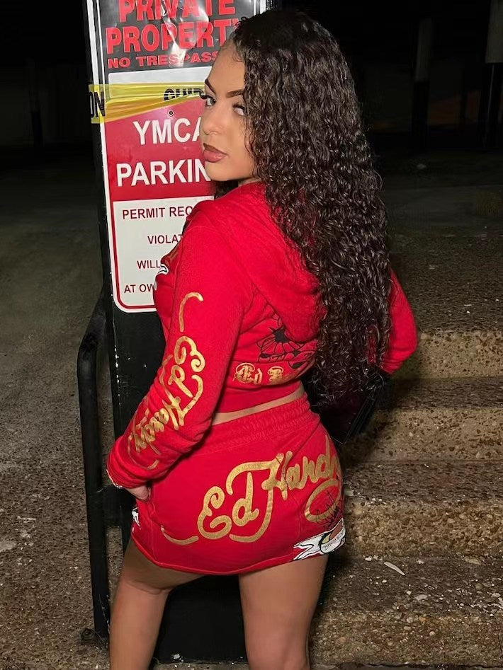 Spring Women's Fashion Positioning Print Hooded Casual Two Piece Skirt Set 8