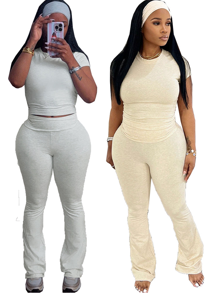 Women Casual with Headband Round Neck T-Shirt and Bell Bottom Pants Two-Piece Set