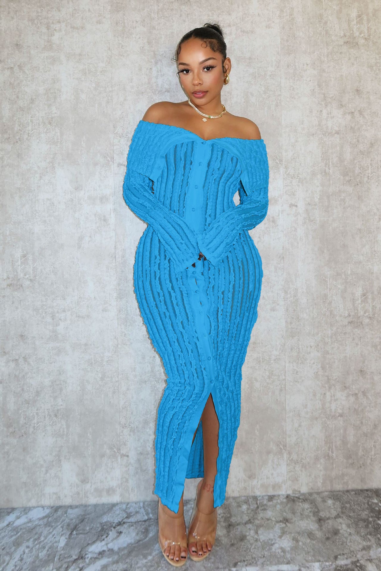 Women's Spring And Summer Sexy Turndown Collar Off Shoulder Long Sleeve Dress 12