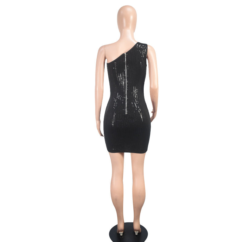 Women's Slash Shoulder Sequin Mesh Sexy Nightclub Fashion Bodycon Dress 5