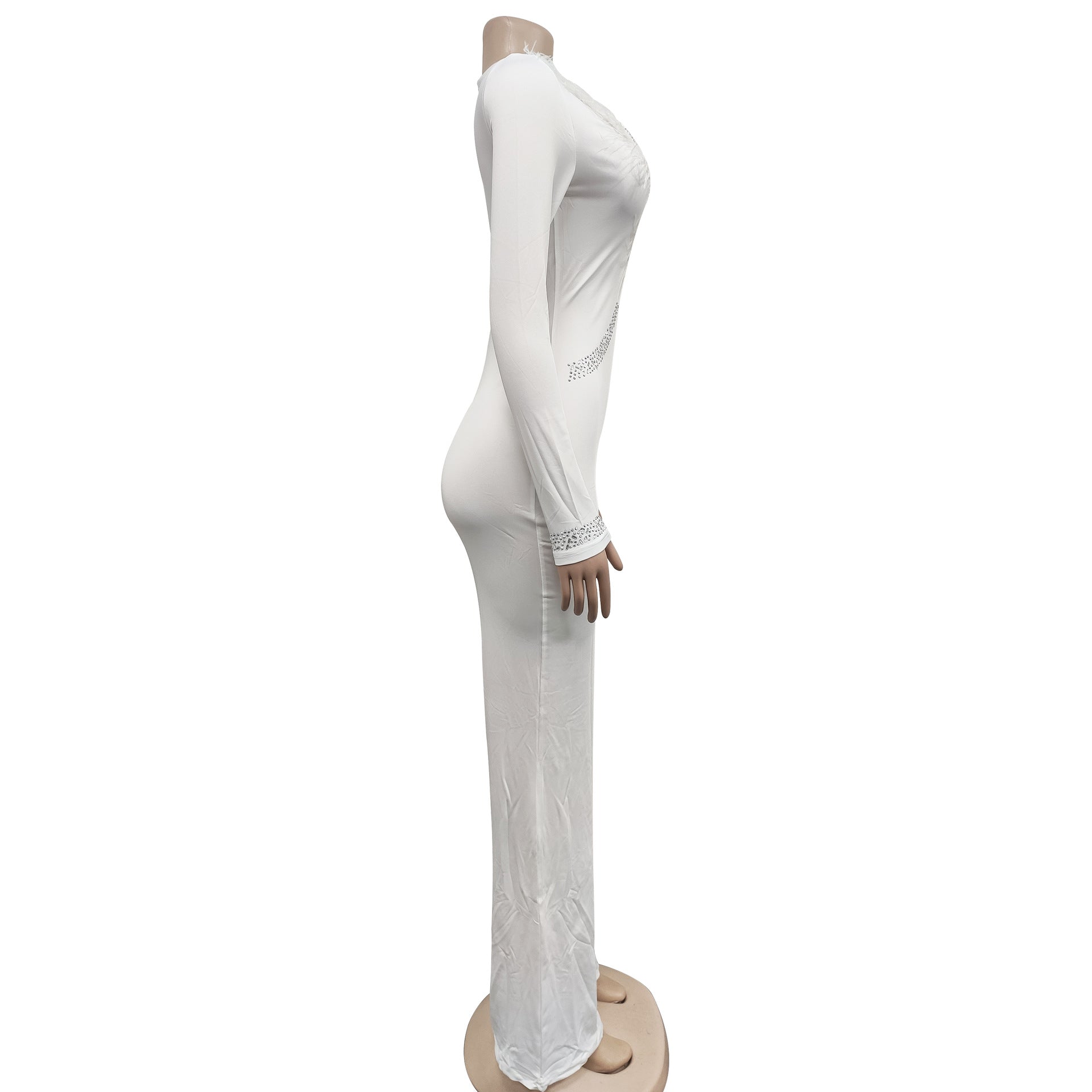 Women'S Fashion Feather Patchwork Beaded V-Neck Long Sleeve One Peice Trousers Sexy Ladies Jumpsuit 16