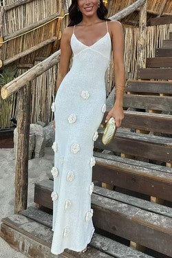 Women's Strap Low Back Flower Knitting Sexy Long Dress
