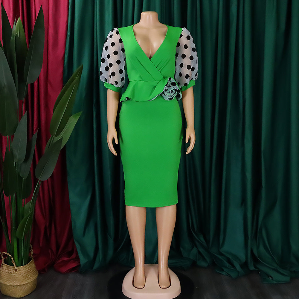 Women Summer mesh flocked puff sleeves V-neck Bodycon dress 32