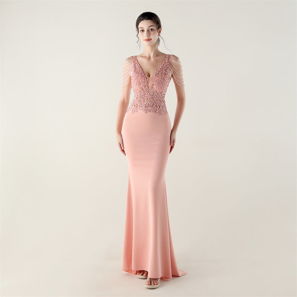 Beaded Lace Fishtail Evening Dress Wedding Formal Party Gown 3