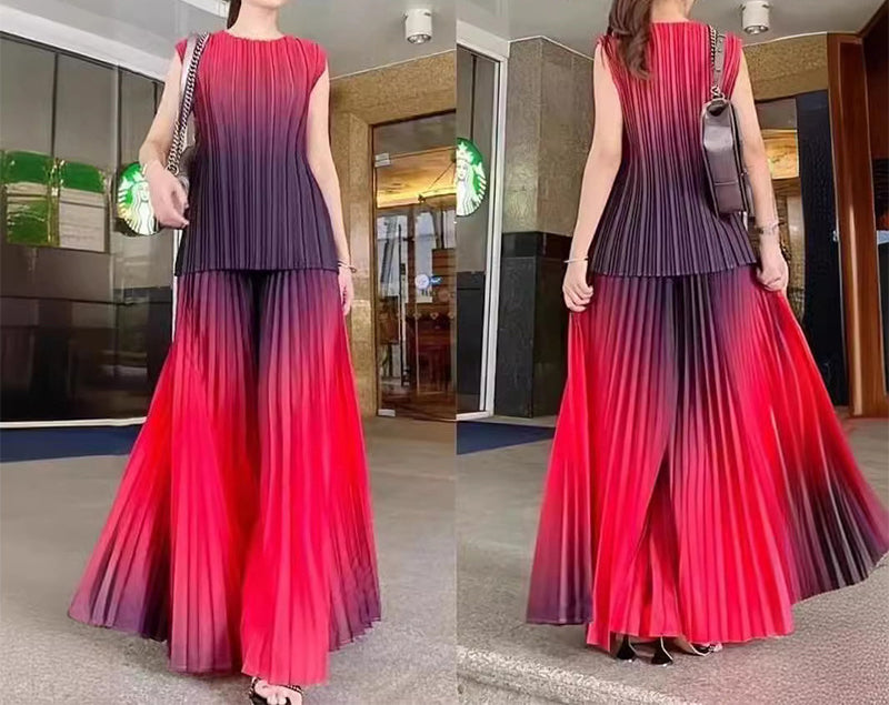 Women's Fashion Pleated Gradient Color Sleeveless Chic Loose Tops Wide-Leg Pants Set