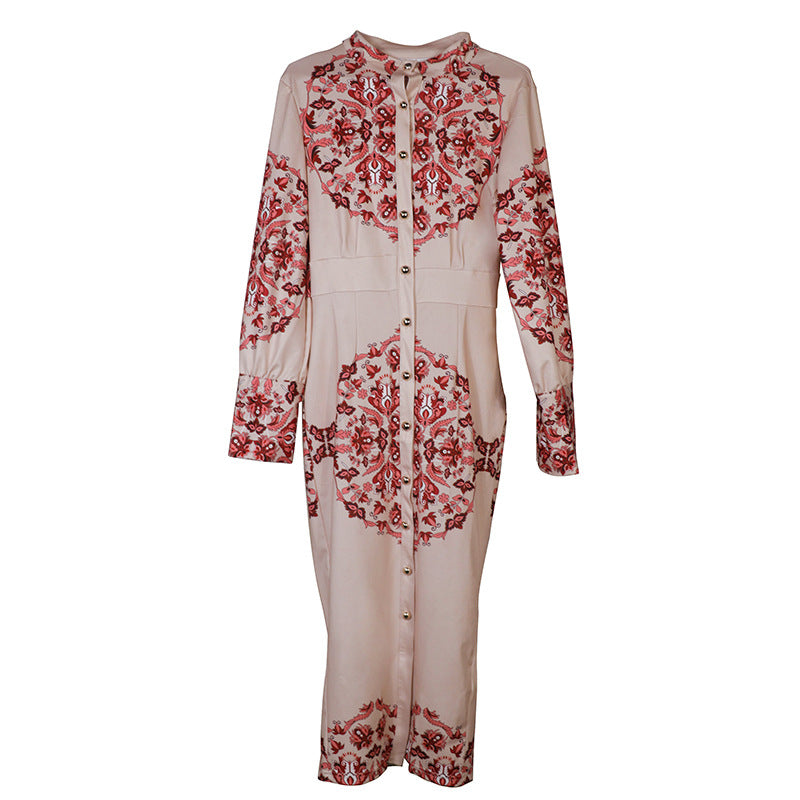 Women Stand Collar Long Sleeve Print Dress 10