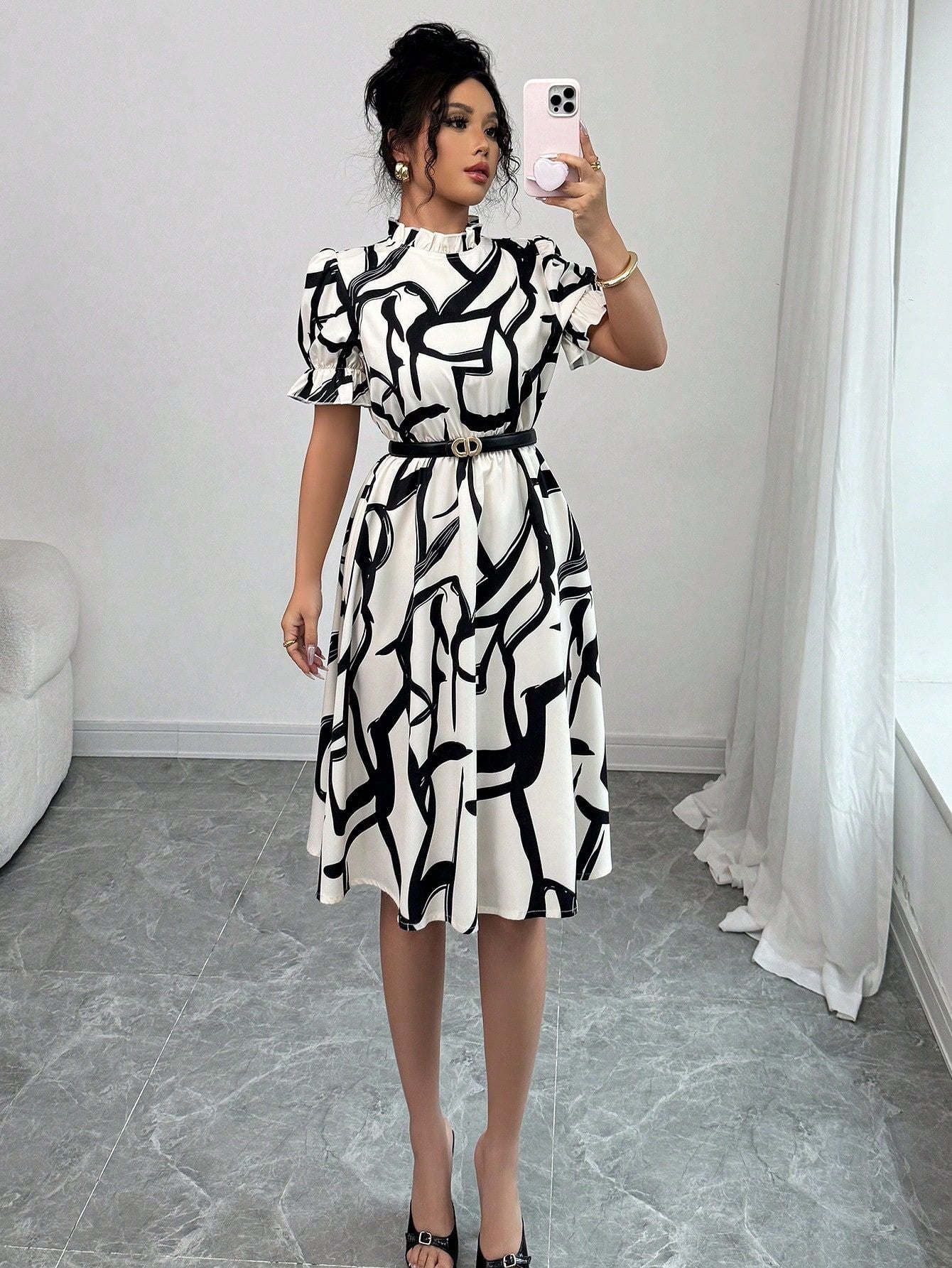 Women's Spring Summer Fashion Elegant Tie Waist Ruffled Collar Puff Sleeve A-Line Print Dress 3