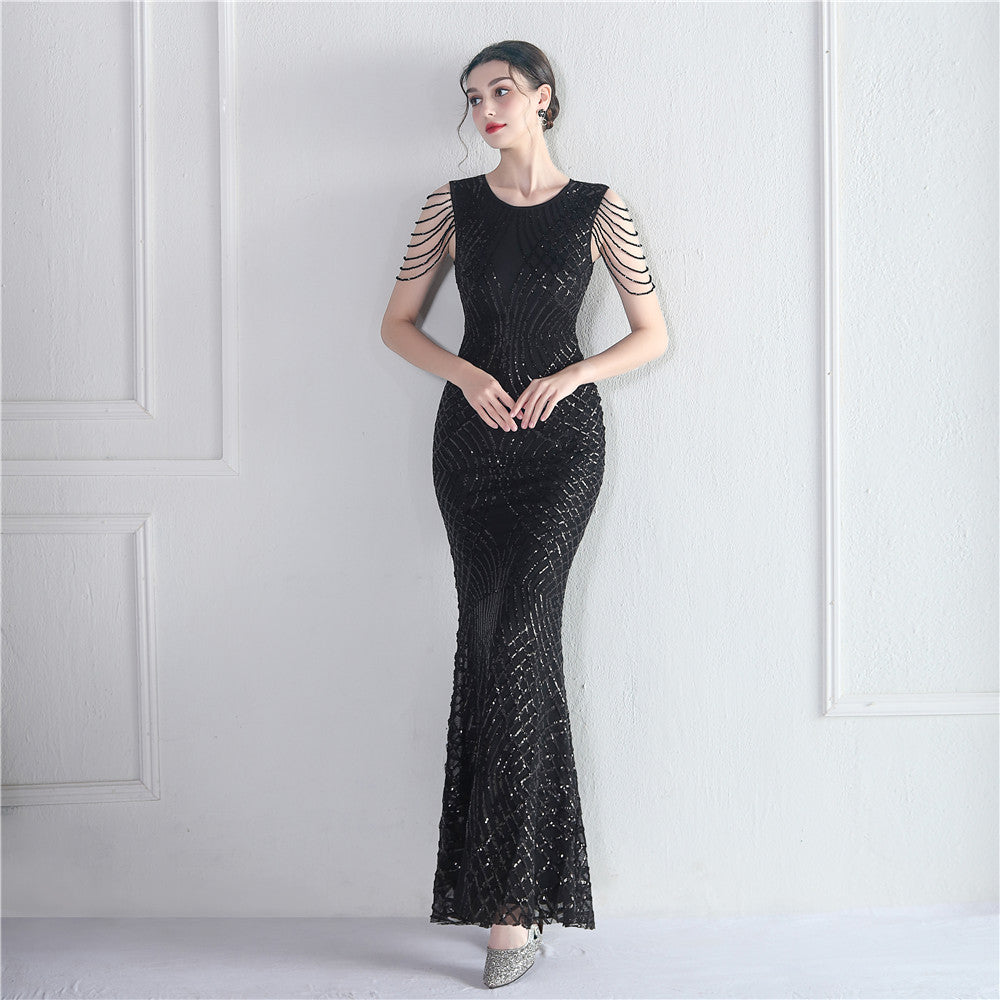Decorative Crystal Diamond Chain Sequin Embroidery Stripe Positioning Flower Dinner Ceremony Long Evening Dress 9