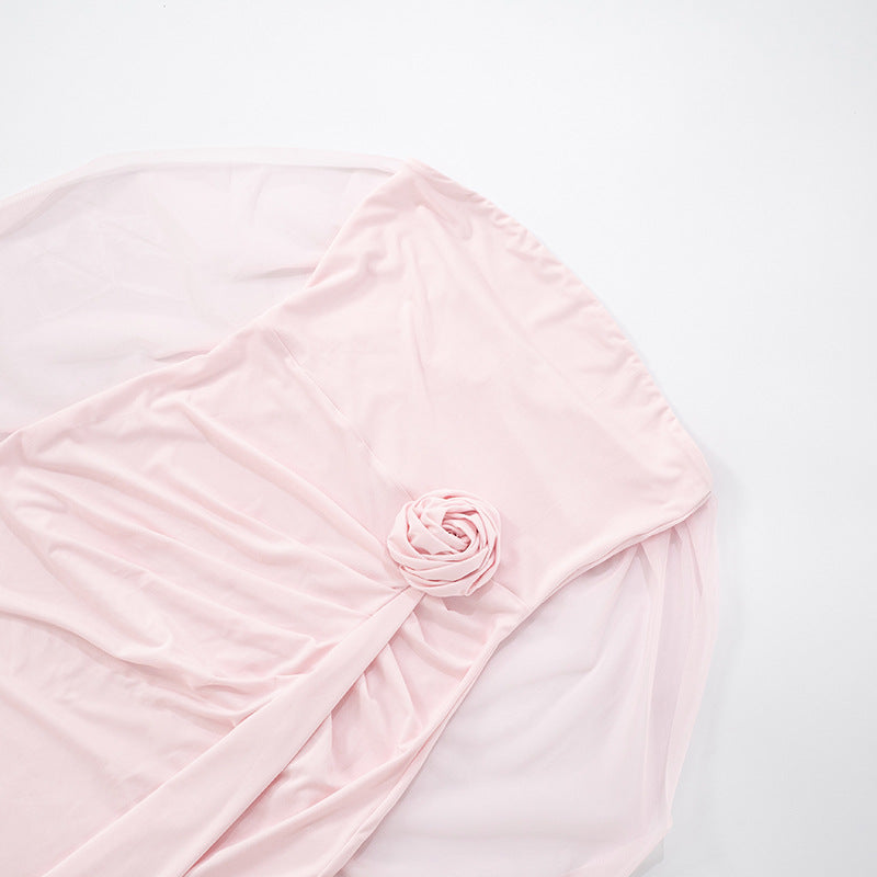 Women Strapless Flower Ribbon Slit Dress Tailed Maxi Dress 12