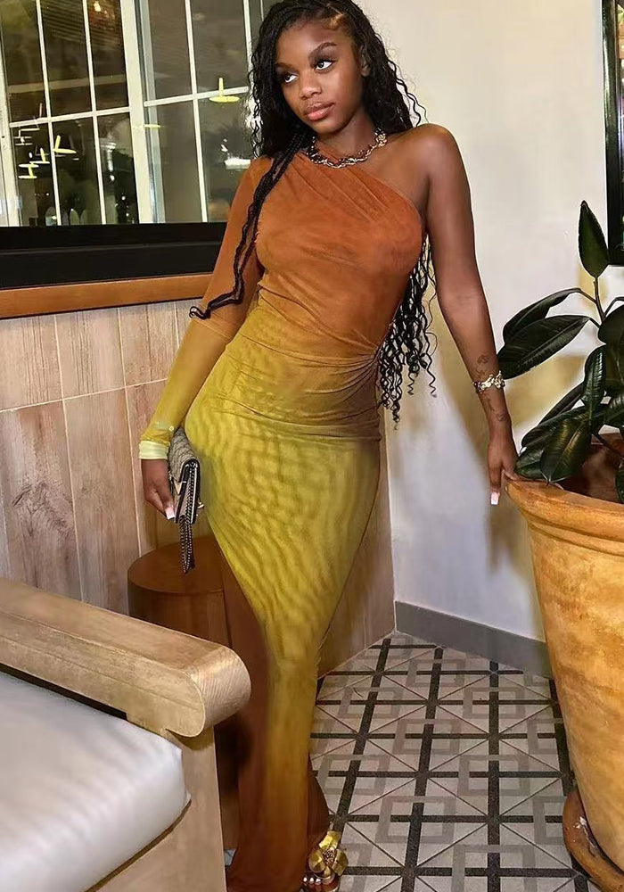 Summer Fashion Sexy Slash Shoulder Single Sleeve Gradient Color Slim Long Dress
