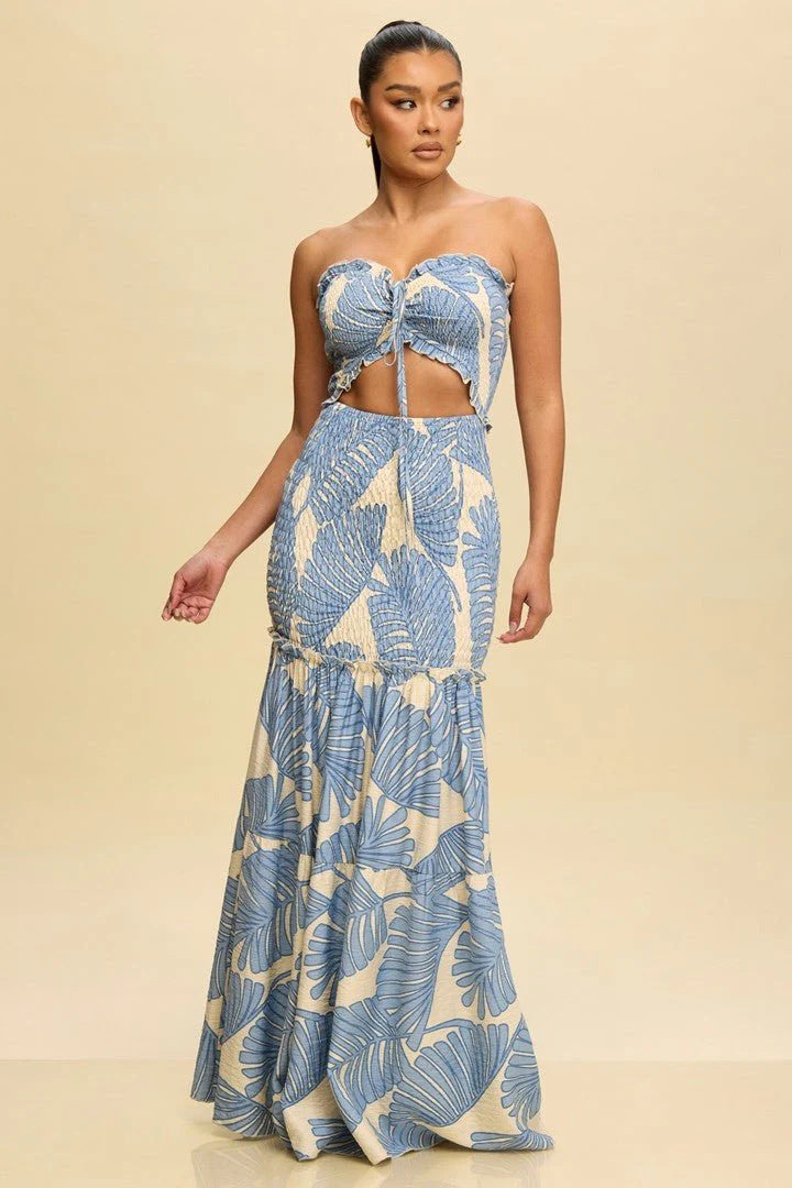 Women Printed Strapless Hollow Dress 4