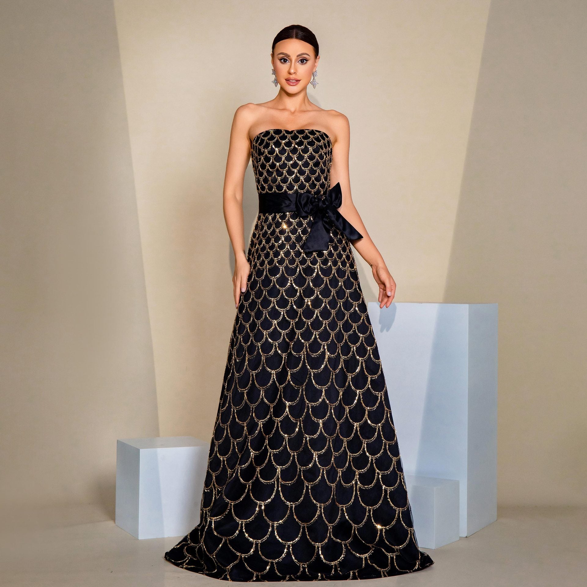 strapless Formal Party Slim Waist Sequin Evening Dress for Women 6