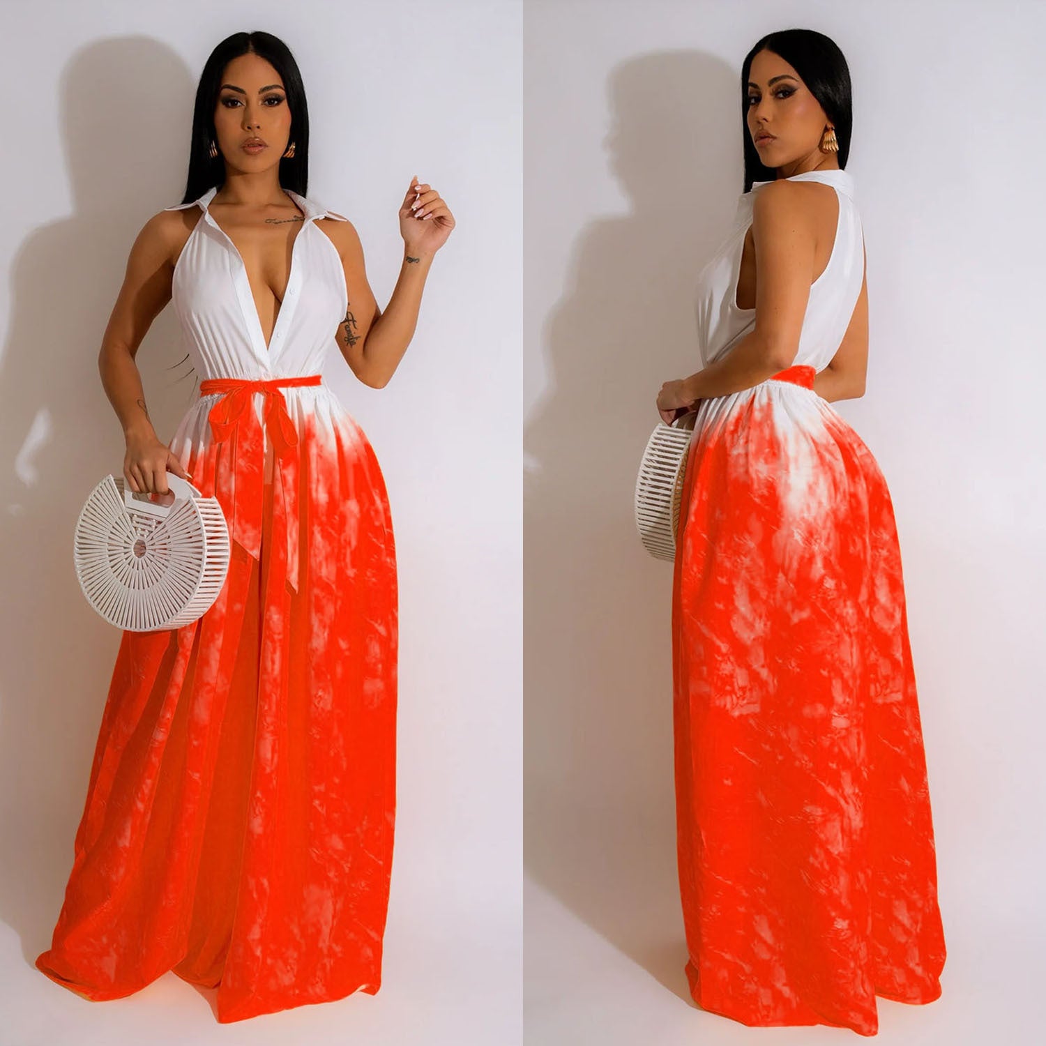 Women's Fashion Printed Sleeveless V-Neck Belted Maxi Dress For Women 4