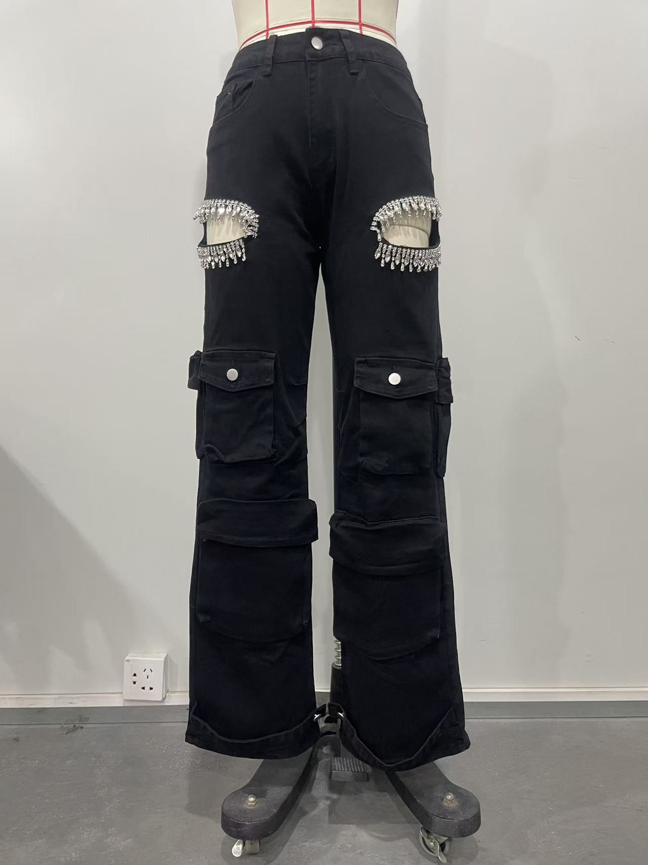 Fashionable Women's Multi-Pocket Cut Out Diamond Denim Pants 11