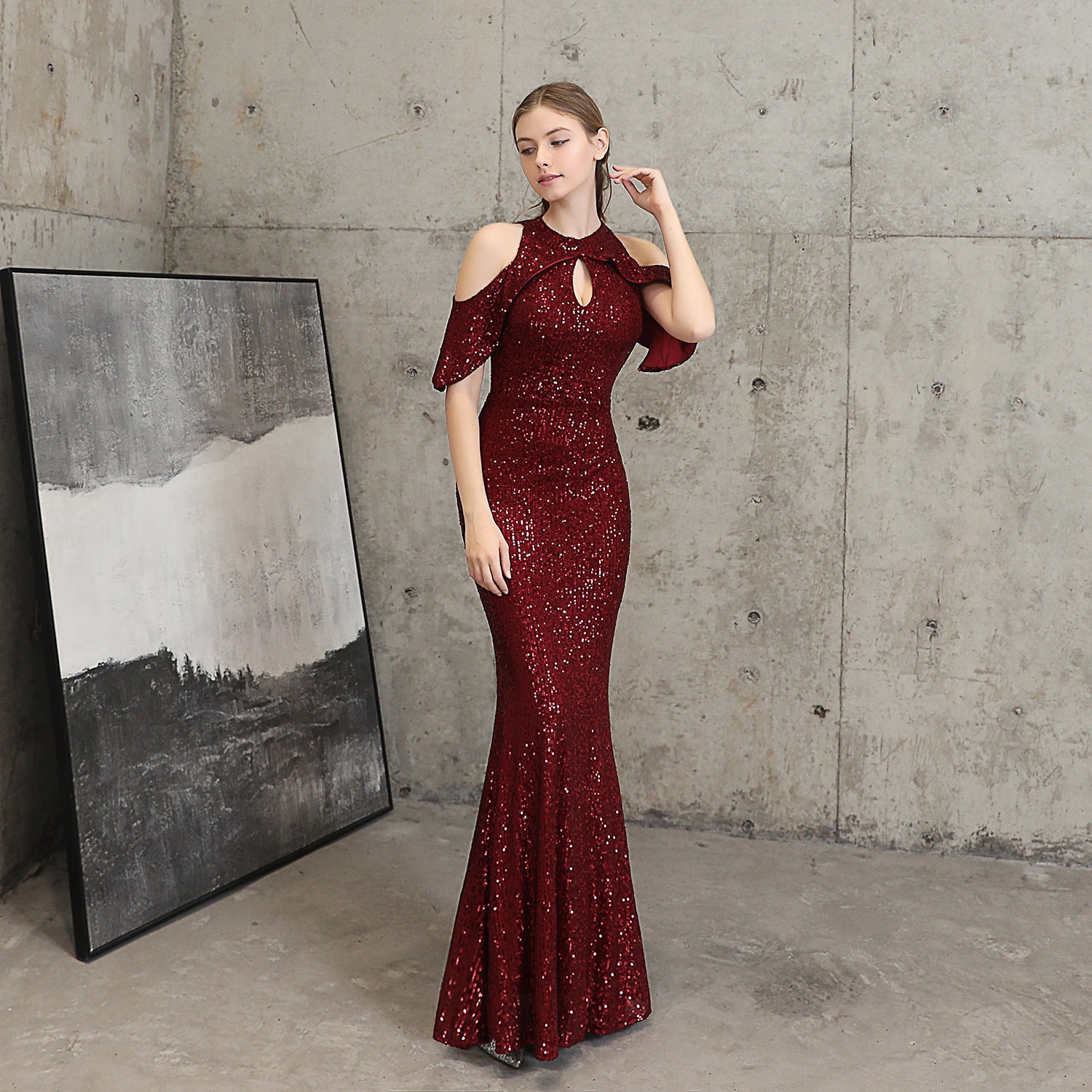 Women Elegant Long  Short Sleeve Sequins Fishtail Evening Dress 5