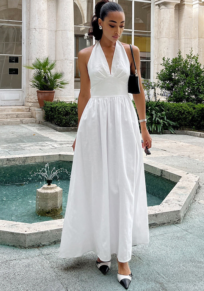 Women's Spring Summer Halter V-Neck Lace-Up Backless Long Swing Dress