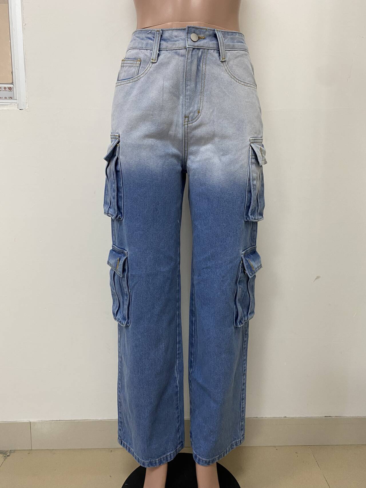 Fashionable Women's Multi-pocket Button Gradient Cargo Straight Trend Denim Trousers 5