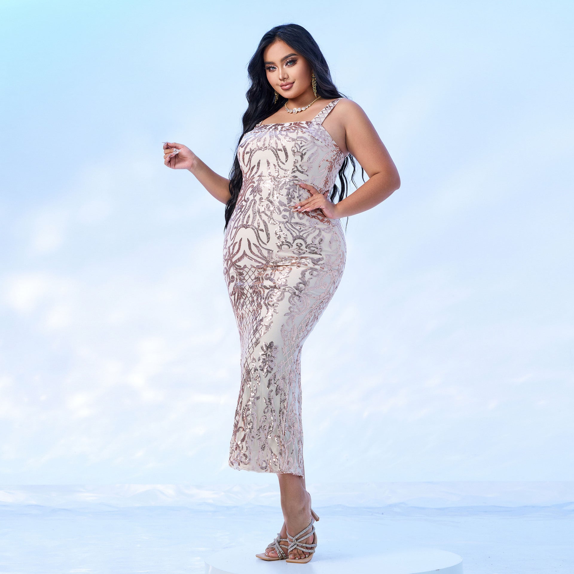 Plus Size Women Maxi Sleeveless Formal Party Sequined Fishtail Evening Dress 5