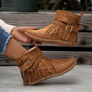 Utumn Side Zipper Short Boots For Women Double Layer Tassel Boots Women's  Thangka Shoes Flat Bean Shoes 11
