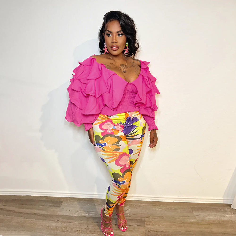 Fashion Sexy Solid Color  V-Neck Long Sleeve Ruffled Layer Top 5