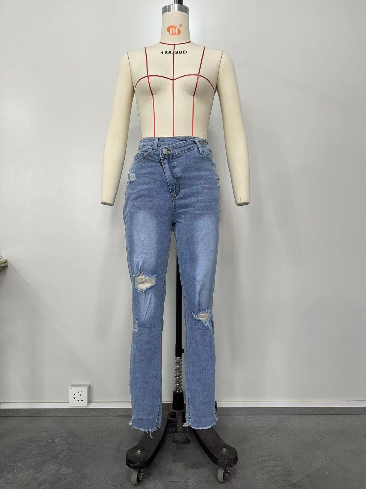 Women Ripped Diagonal Zip Denim Pants 10