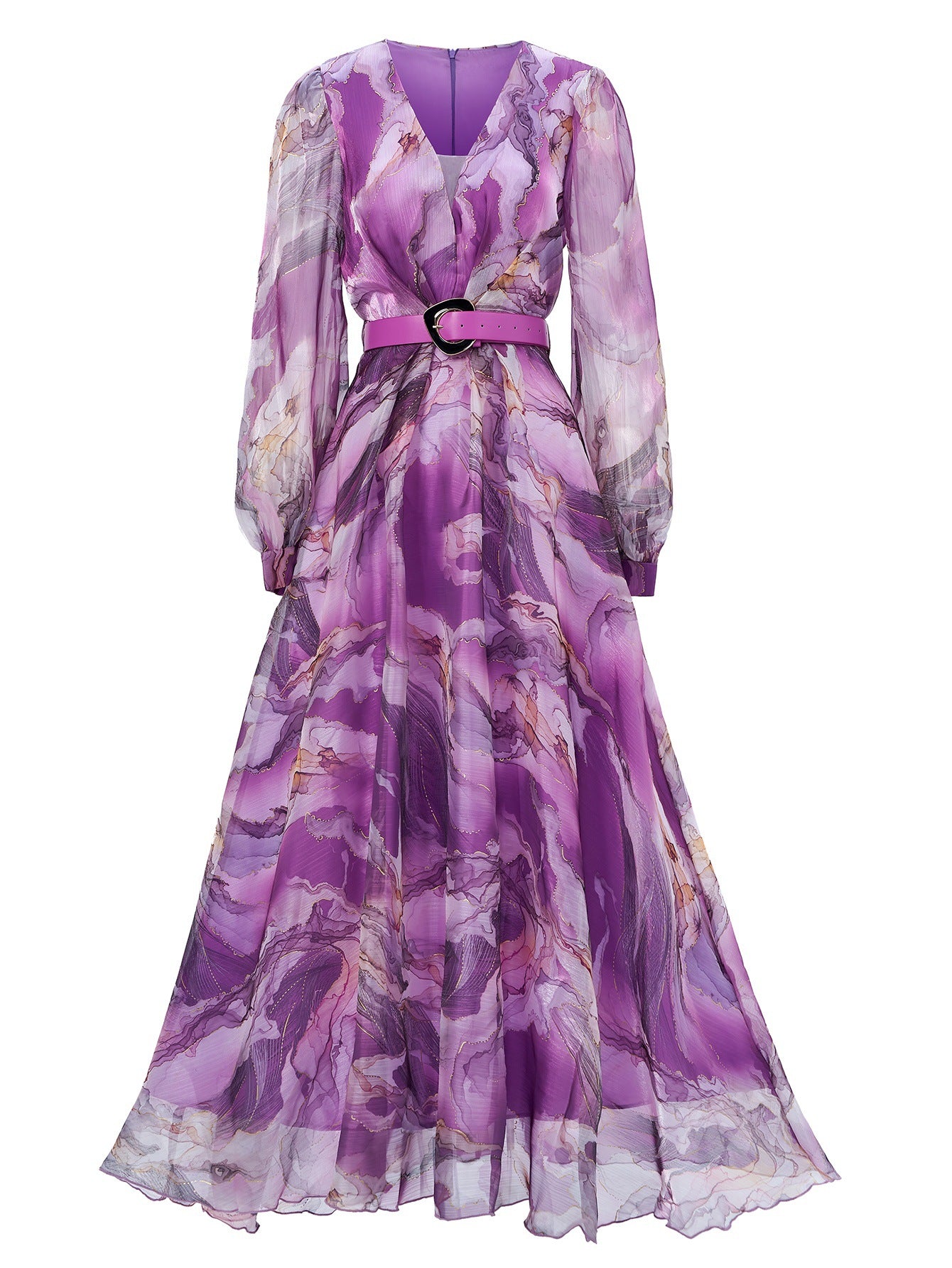 Women long-sleeved V-neck pleated Formal Party mesh dress 5