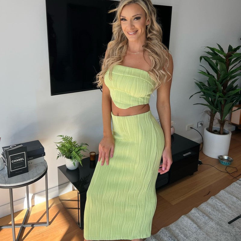 Women summer Solid Strapless Top and Bodycon Long Skirt two-piece set 6