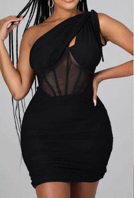 Women sexy Slash Shoulder See-Through Bodycon Solid Dress 3
